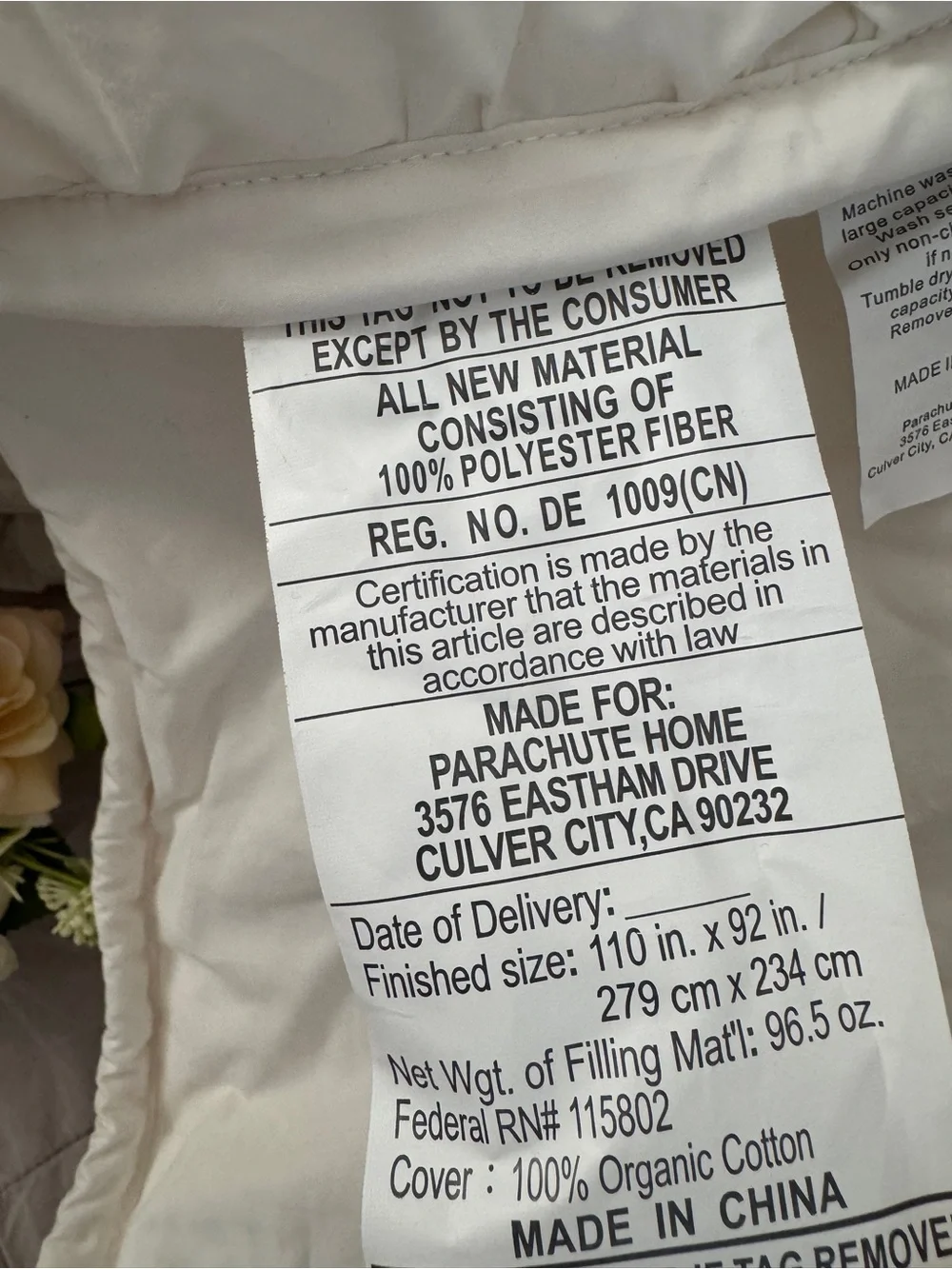 PARACHUTE 100% ORGANIC COZY COTTON Comforter white new KING/CAL KING